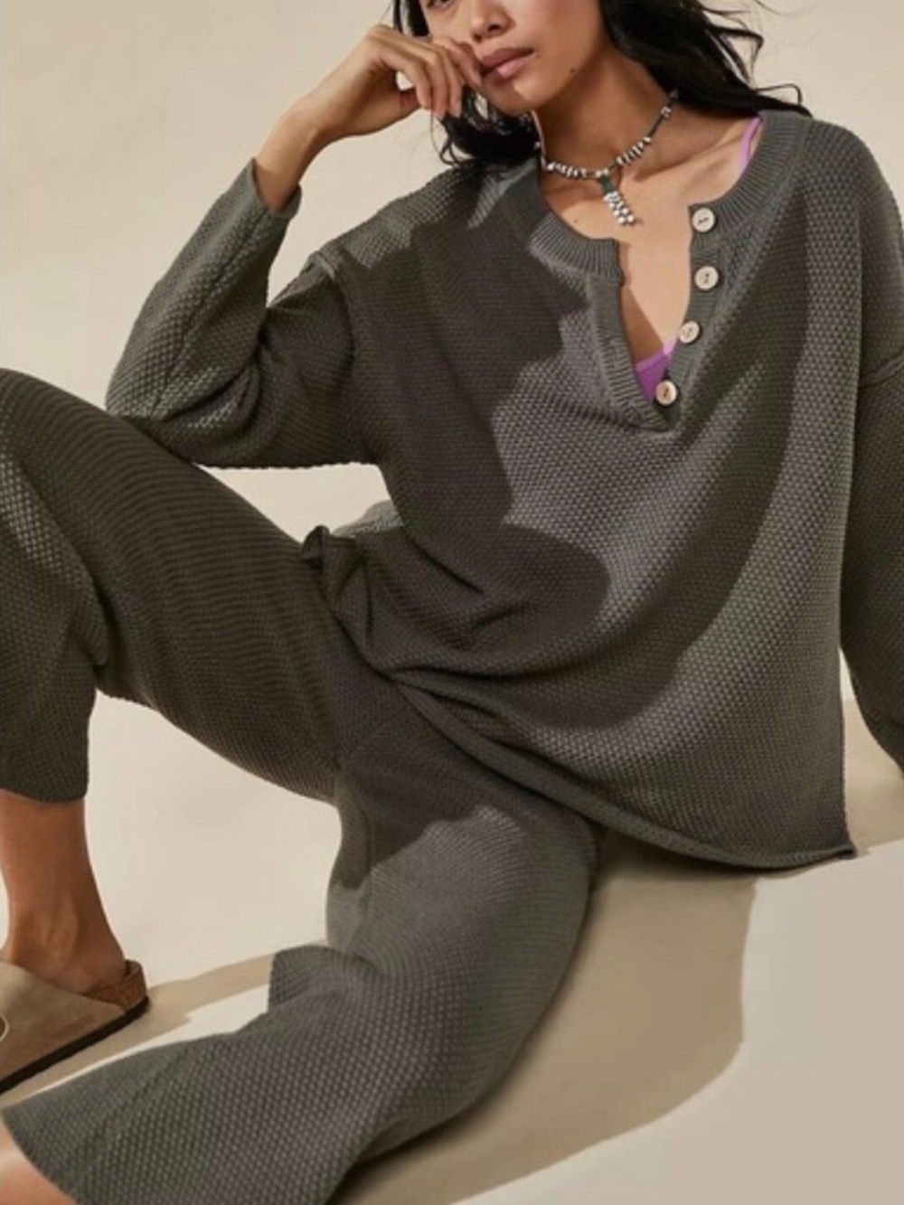 Free People Beach Hailee Waffle Knit Sweater Loungewear Set in Medium Grey Sz M